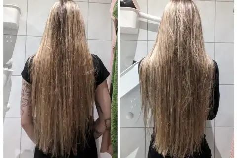 Długie, blond włosy przed i po zastosowaniu olejku na suche włosy. Włosy po zabiegu są gładsze i bardziej lśniące.