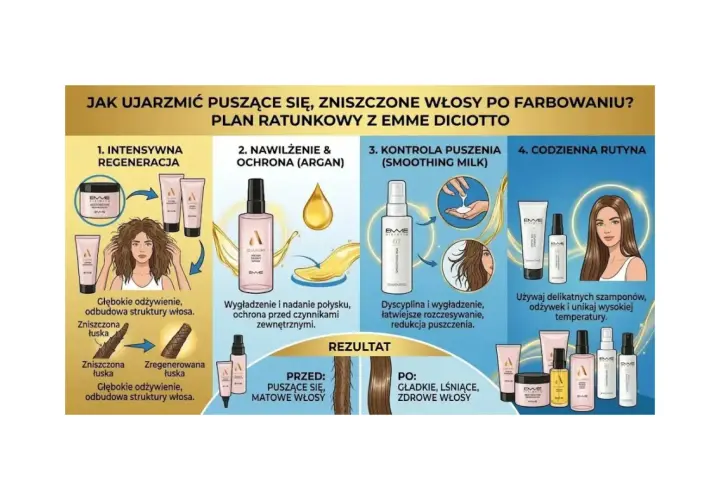 Ilustracja przedstawia plan pielęgnacji włosów po farbowaniu z produktami marki Emme Diciotto.