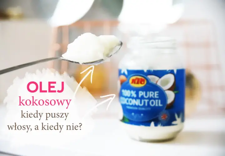 Łyżka z olejem kokosowym obok słoiczka z napisem "100% Pure Coconut Oil".