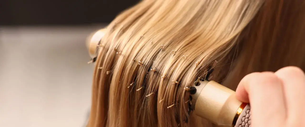 Delikatne rozczesywanie blond pasm przedłużanych włosów okrągłą szczotką. Poznaj sekrety, jak dbać o przedłużane włosy, by były lśniące i zdrowe.