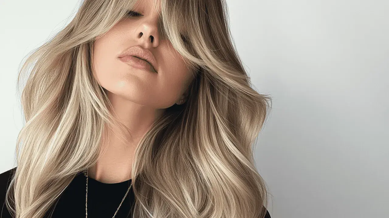 Kobieta z blond grzywką na boki, falowanymi włosami i delikatnym makijażem.