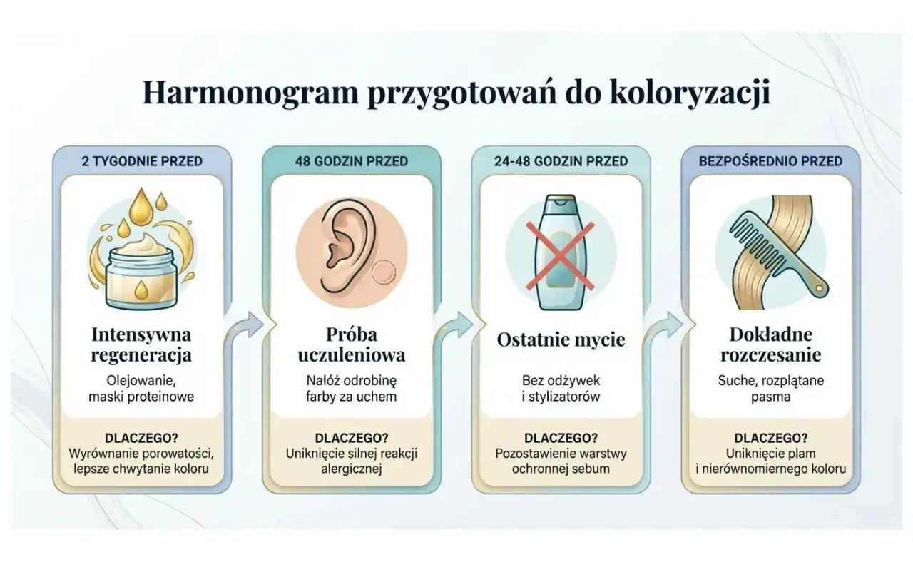 Harmonogram przygotowań do koloryzacji: regeneracja, próba uczuleniowa, ostatnie mycie bez odżywek, a potem dokładne rozczesanie. Czy myć włosy przed farbowaniem? Tak, ale ostatnie mycie bez kosmetyków.