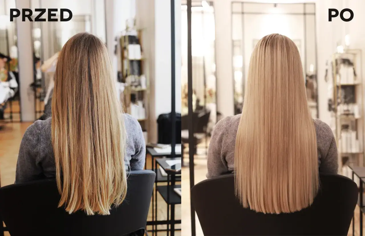 Przed i po: metamorfoza włosów po domowym tonowaniu. Blond pasma zyskały blask i jednolity odcień.